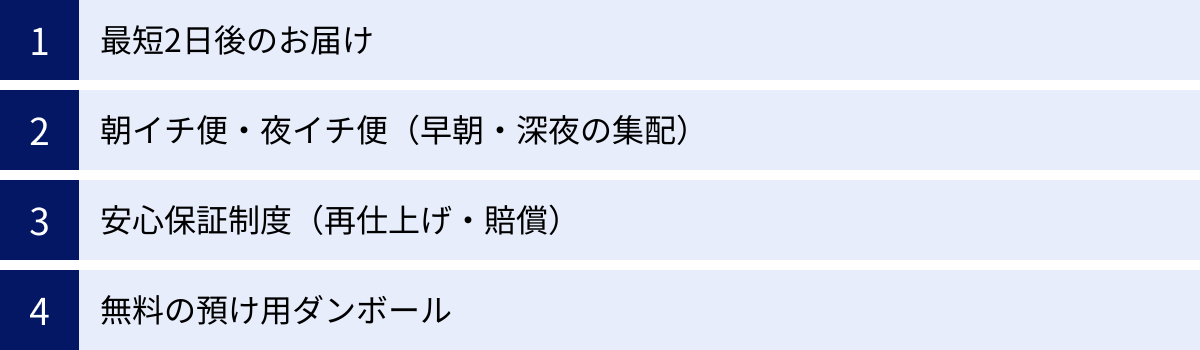最短2日後のお届け、朝イチ便・夜イチ便（早朝・深夜の集配）、安心保証制度（再仕上げ・賠償）、無料の預け用ダンボール
