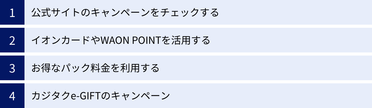 公式サイトのキャンペーンをチェックする、イオンカードやWAON POINTを活用する、お得なパック料金を利用する、カジタクe-GIFTのキャンペーン