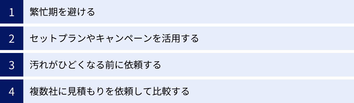 繁忙期を避ける、セットプランやキャンペーンを活用する、汚れがひどくなる前に依頼する、複数社に見積もりを依頼して比較する
