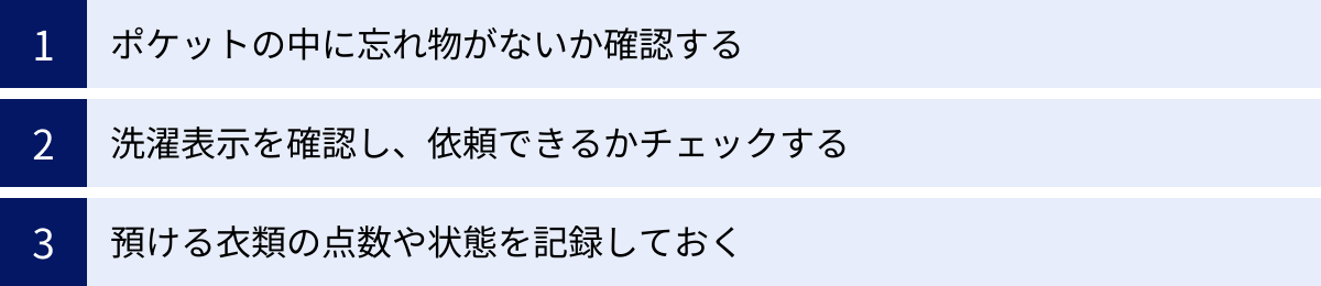 ポケットの中に忘れ物がないか確認する、洗濯表示を確認し、依頼できるかチェックする、預ける衣類の点数や状態を記録しておく