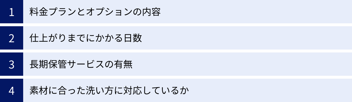 料金プランとオプションの内容、仕上がりまでにかかる日数、長期保管サービスの有無、素材に合った洗い方に対応しているか