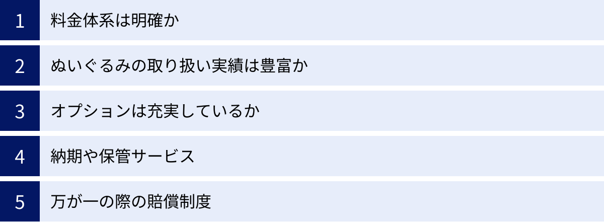 料金体系は明確か、ぬいぐるみの取り扱い実績は豊富か、オプションは充実しているか、納期や保管サービス、万が一の際の賠償制度