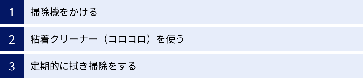掃除機をかける、粘着クリーナー（コロコロ）を使う、定期的に拭き掃除をする