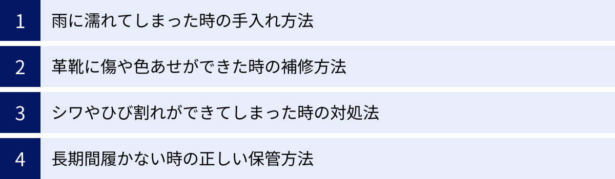 雨に濡れてしまった時の手入れ方法、革靴に傷や色あせができた時の補修方法、シワやひび割れができてしまった時の対処法、長期間履かない時の正しい保管方法