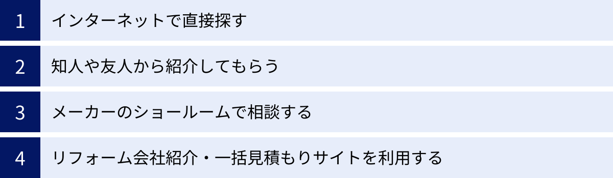 インターネットで直接探す、知人や友人から紹介してもらう、メーカーのショールームで相談する、リフォーム会社紹介・一括見積もりサイトを利用する