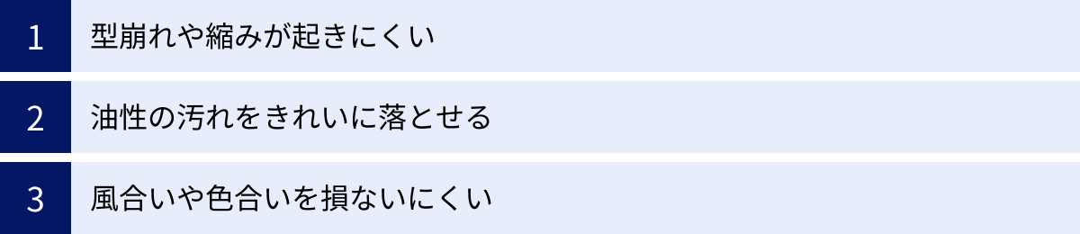 型崩れや縮みが起きにくい、油性の汚れをきれいに落とせる、風合いや色合いを損ないにくい