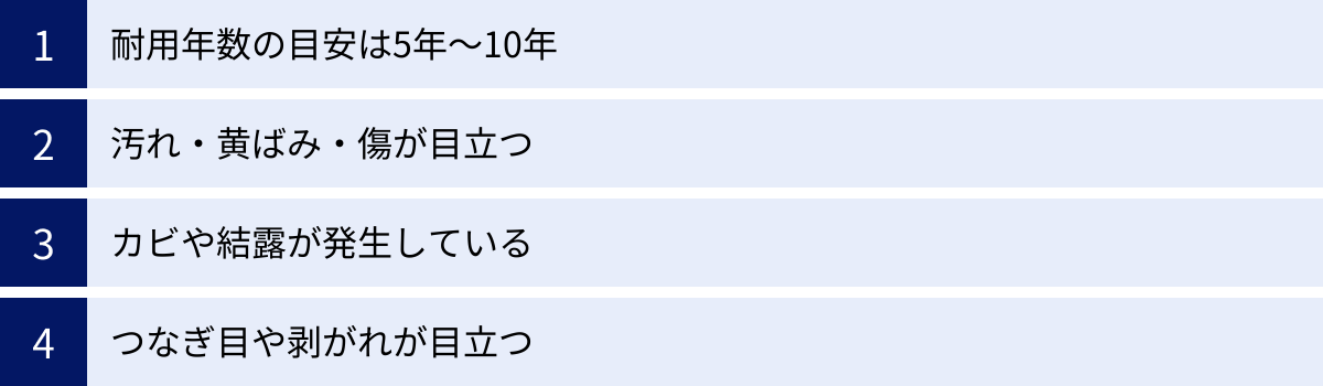 耐用年数の目安は5年～10年、汚れ・黄ばみ・傷が目立つ、カビや結露が発生している、つなぎ目や剥がれが目立つ