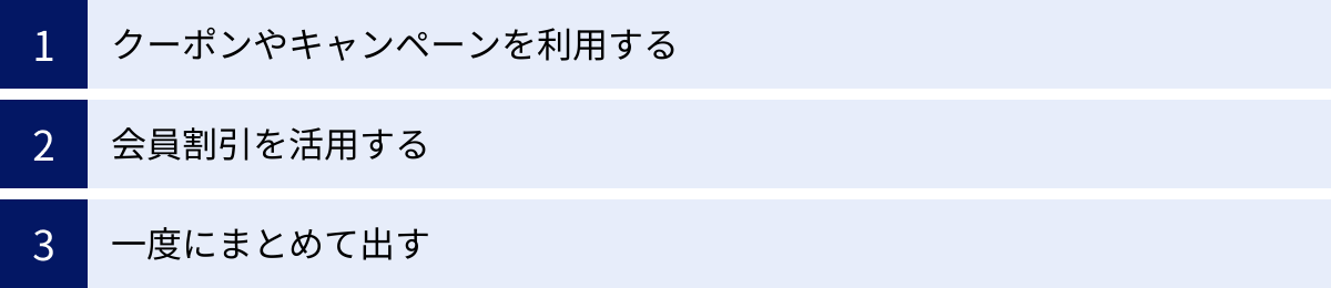 クーポンやキャンペーンを利用する、会員割引を活用する、一度にまとめて出す