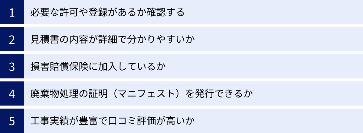 必要な許可や登録があるか確認する、見積書の内容が詳細で分かりやすいか、損害賠償保険に加入しているか、廃棄物処理の証明（マニフェスト）を発行できるか、工事実績が豊富で口コミ評価が高いか