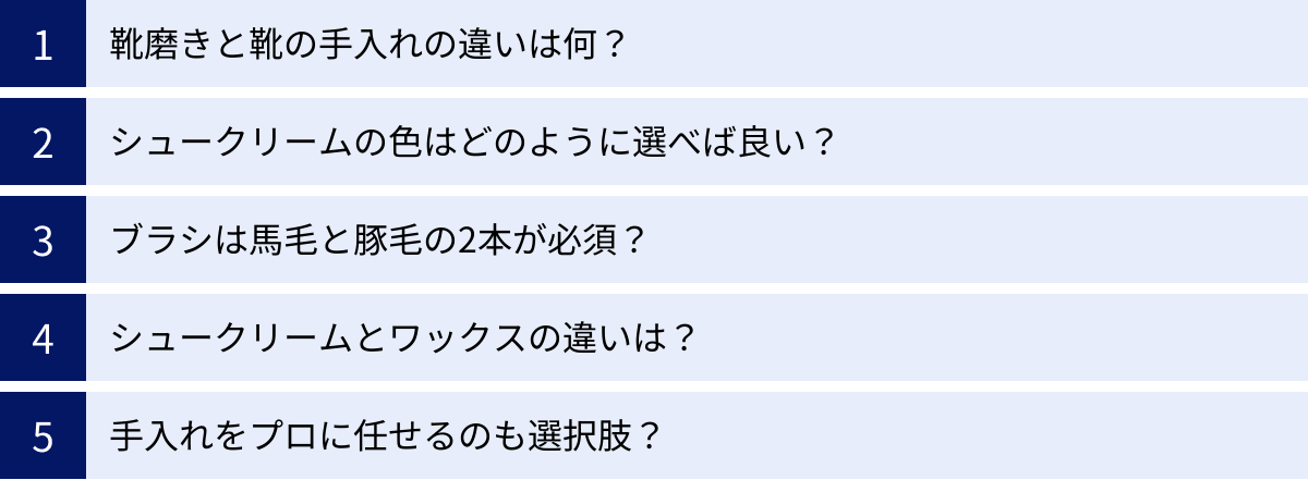 靴磨きと靴の手入れの違いは何？、シュークリームの色はどのように選べば良い？、ブラシは馬毛と豚毛の2本が必須？、シュークリームとワックスの違いは？、手入れをプロに任せるのも選択肢？