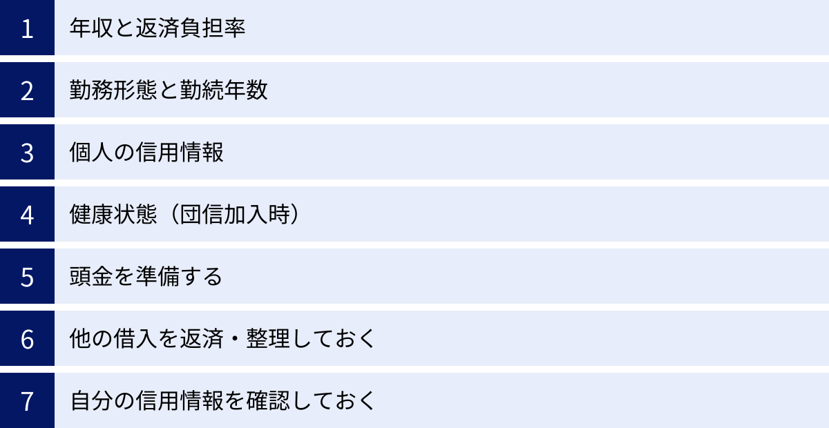 年収と返済負担率、勤務形態と勤続年数、個人の信用情報、健康状態（団信加入時）、頭金を準備する、他の借入を返済・整理しておく、自分の信用情報を確認しておく