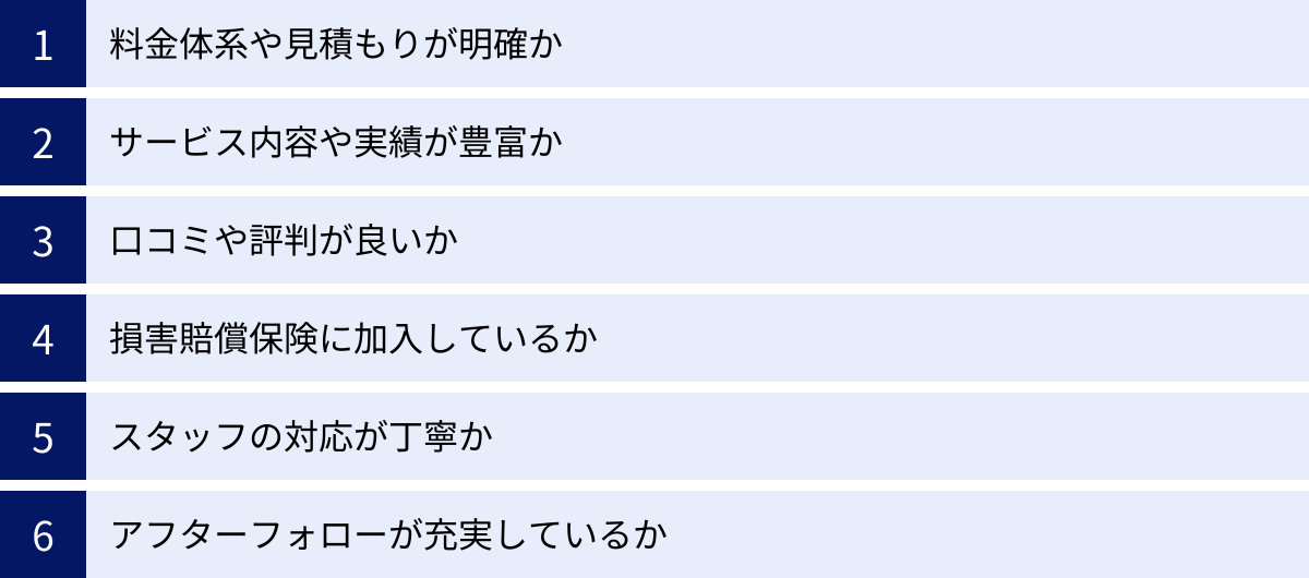 料金体系や見積もりが明確か、サービス内容や実績が豊富か、口コミや評判が良いか、損害賠償保険に加入しているか、スタッフの対応が丁寧か、アフターフォローが充実しているか