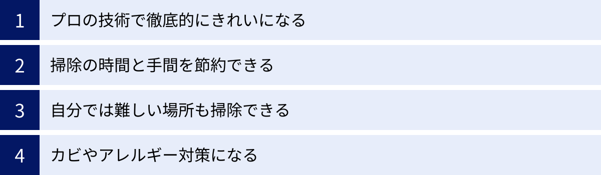 プロの技術で徹底的にきれいになる、掃除の時間と手間を節約できる、自分では難しい場所も掃除できる、カビやアレルギー対策になる