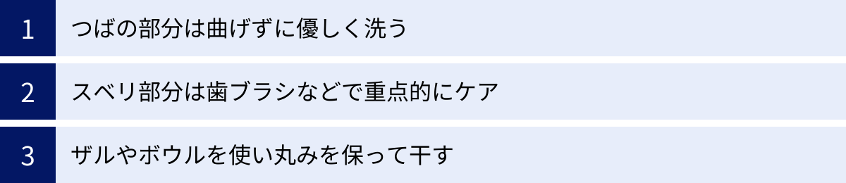 つばの部分は曲げずに優しく洗う、スベリ部分は歯ブラシなどで重点的にケア、ザルやボウルを使い丸みを保って干す
