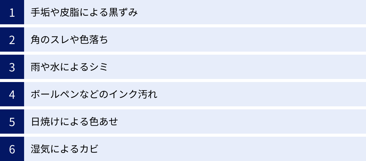 手垢や皮脂による黒ずみ、角のスレや色落ち、雨や水によるシミ、ボールペンなどのインク汚れ、日焼けによる色あせ、湿気によるカビ
