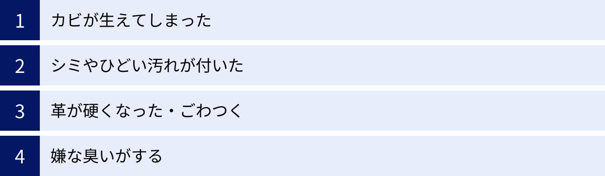 カビが生えてしまった、シミやひどい汚れが付いた、革が硬くなった・ごわつく、嫌な臭いがする