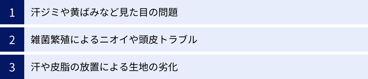 汗ジミや黄ばみなど見た目の問題、雑菌繁殖によるニオイや頭皮トラブル、汗や皮脂の放置による生地の劣化