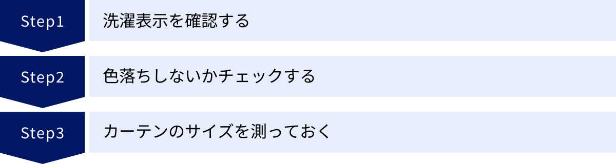 洗濯表示を確認する、色落ちしないかチェックする、カーテンのサイズを測っておく