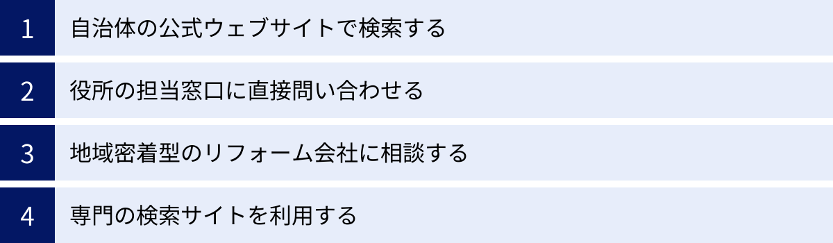 自治体の公式ウェブサイトで検索する、役所の担当窓口に直接問い合わせる、地域密着型のリフォーム会社に相談する、専門の検索サイトを利用する