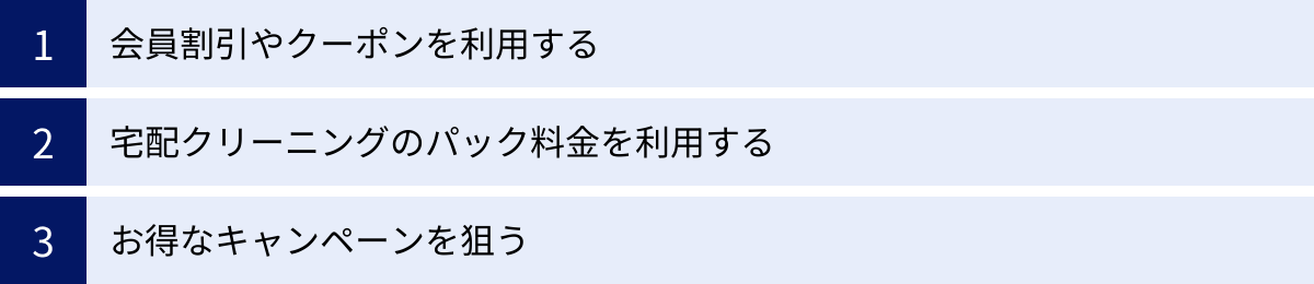 会員割引やクーポンを利用する、宅配クリーニングのパック料金を利用する、お得なキャンペーンを狙う
