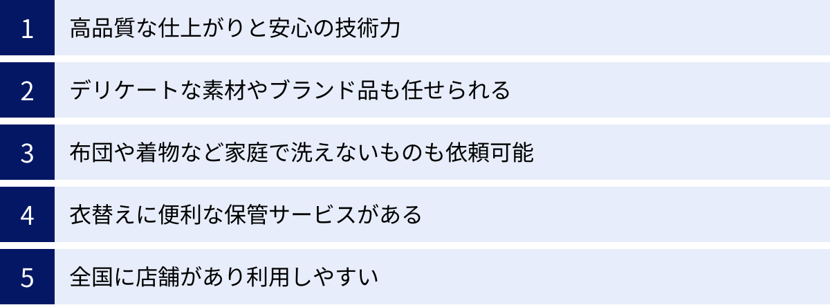 高品質な仕上がりと安心の技術力、デリケートな素材やブランド品も任せられる、布団や着物など家庭で洗えないものも依頼可能、衣替えに便利な保管サービスがある、全国に店舗があり利用しやすい