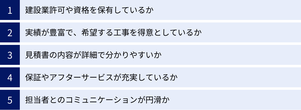 建設業許可や資格を保有しているか、実績が豊富で、希望する工事を得意としているか、見積書の内容が詳細で分かりやすいか、保証やアフターサービスが充実しているか、担当者とのコミュニケーションが円滑か