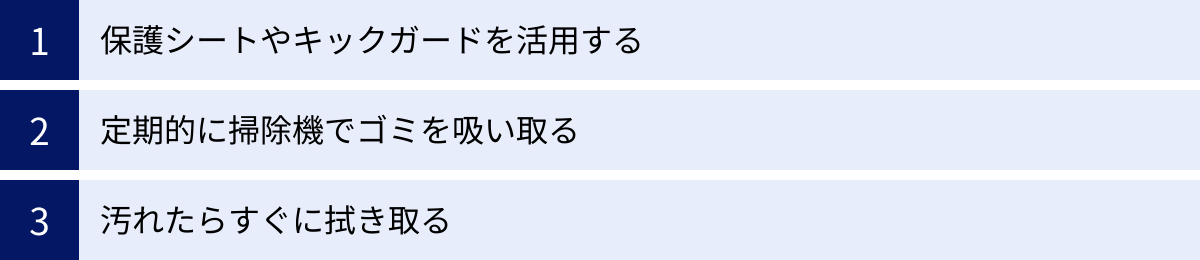 保護シートやキックガードを活用する、定期的に掃除機でゴミを吸い取る、汚れたらすぐに拭き取る