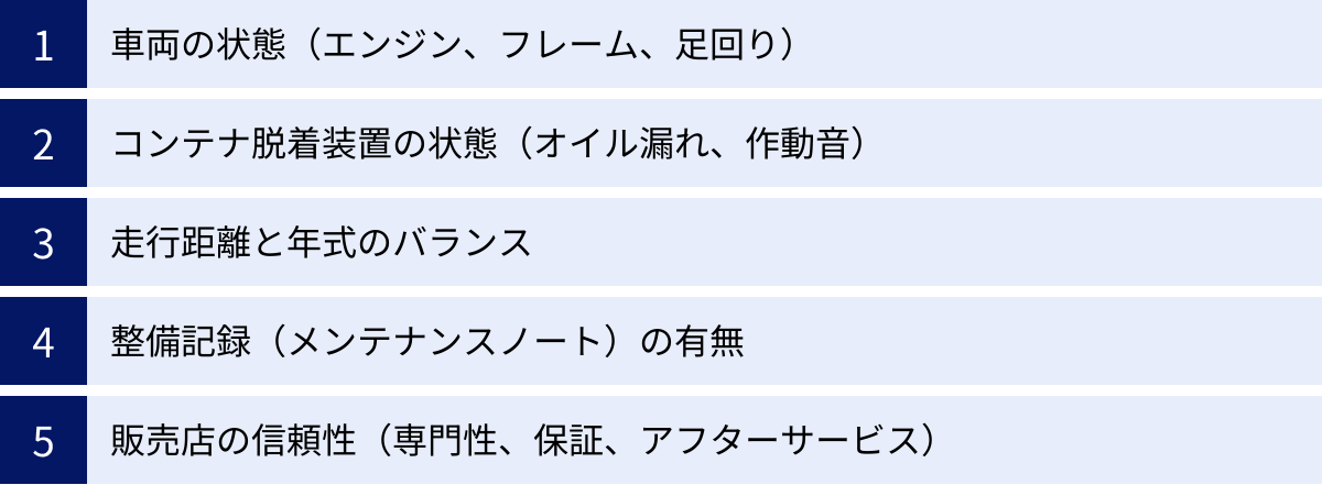 車両の状態（エンジン、フレーム、足回り）、コンテナ脱着装置の状態（オイル漏れ、作動音）、走行距離と年式のバランス、整備記録（メンテナンスノート）の有無、販売店の信頼性（専門性、保証、アフターサービス）