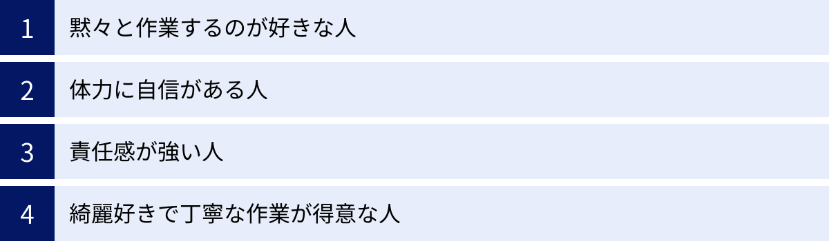 黙々と作業するのが好きな人、体力に自信がある人、責任感が強い人、綺麗好きで丁寧な作業が得意な人