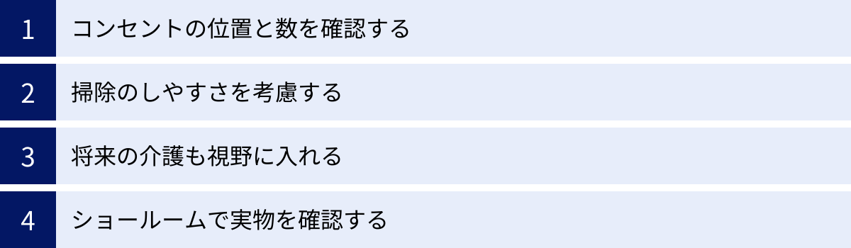 コンセントの位置と数を確認する、掃除のしやすさを考慮する、将来の介護も視野に入れる、ショールームで実物を確認する